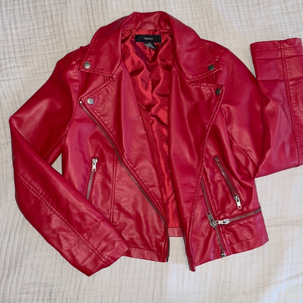 Forever21 Red Cropped Moto Jacket, Sz SMALL